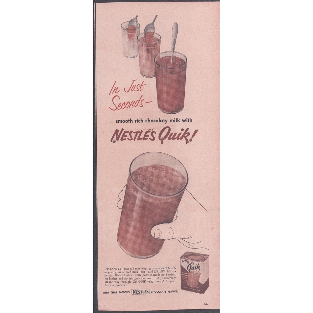 Vintage Nestle Quik Chocolate Flavor Print Ad Mid-Century Kitchen Decor 13.5in